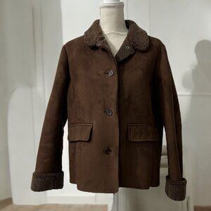 Lands' End Brown‎ Rustic Faux Suede & Shearling Penny Lane Barn Jacket Large